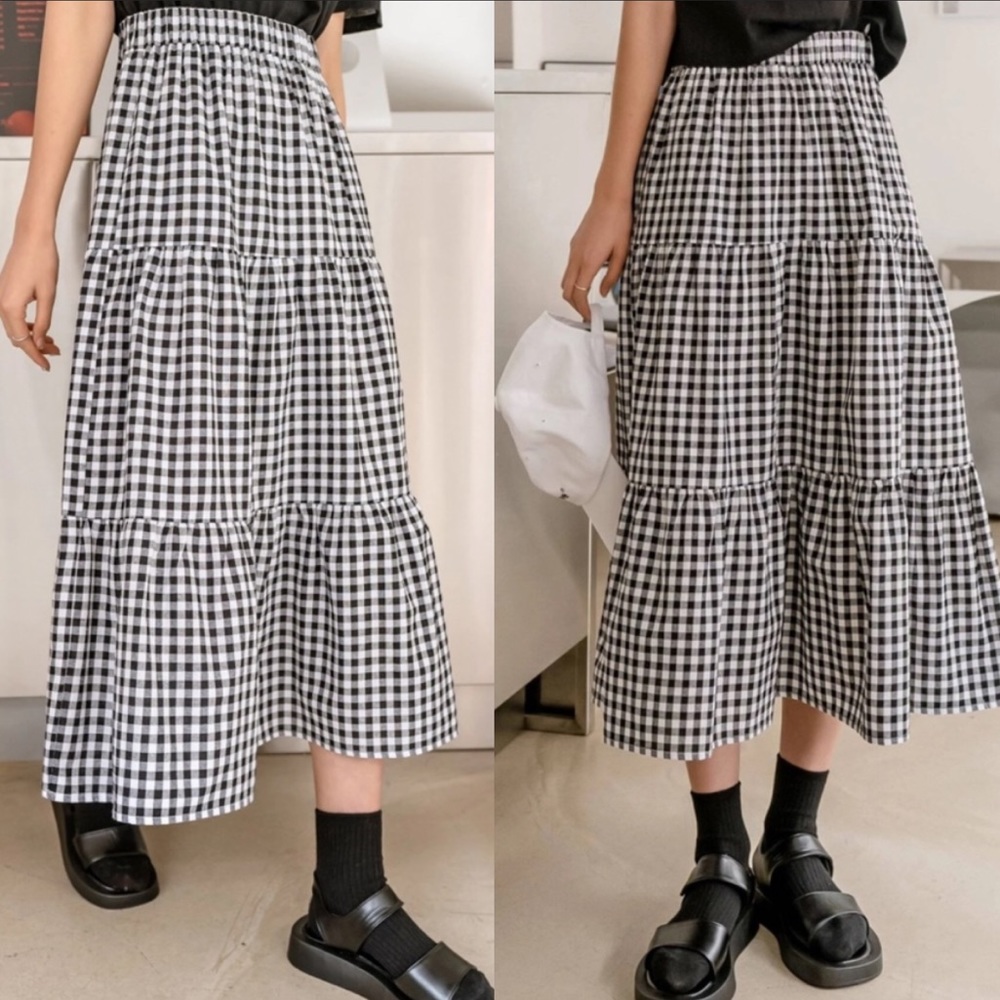 Black and White Tiered A-Line Midi Skirt